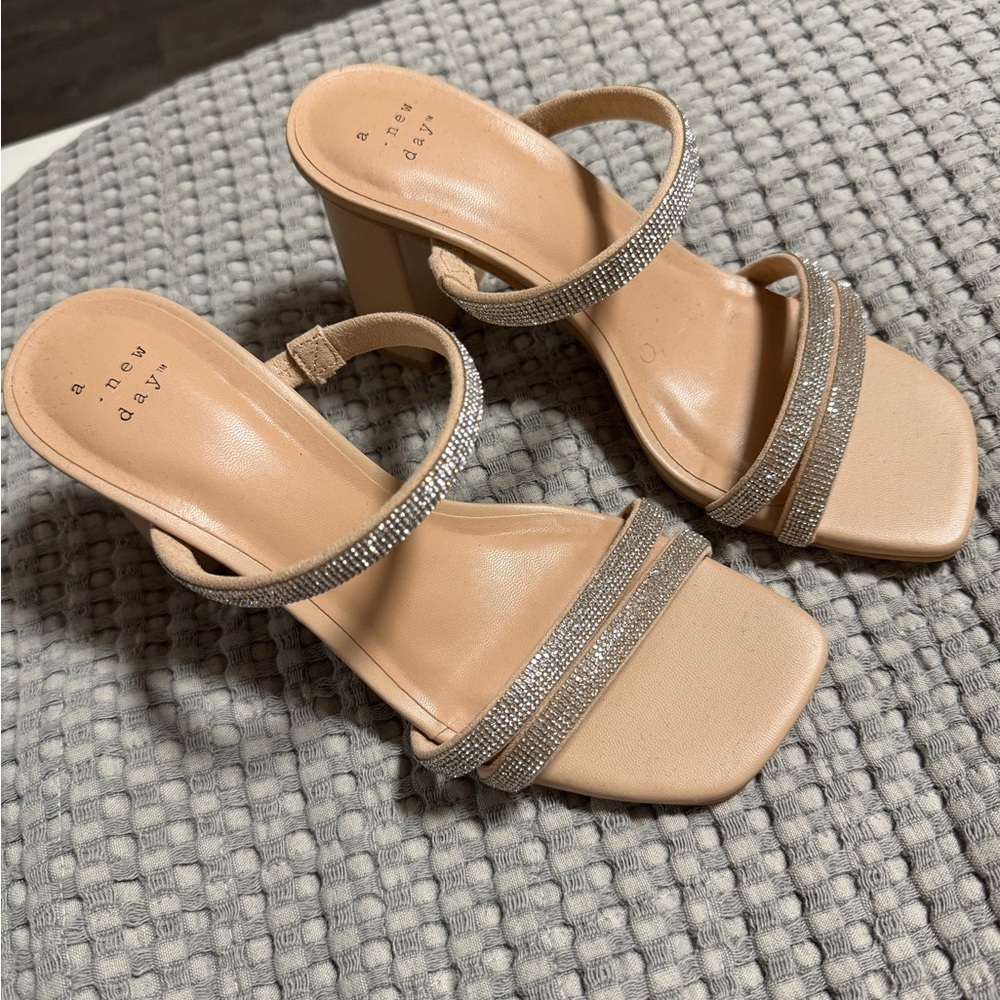 A New Day Beige Heeled Sandals with Silver Accents